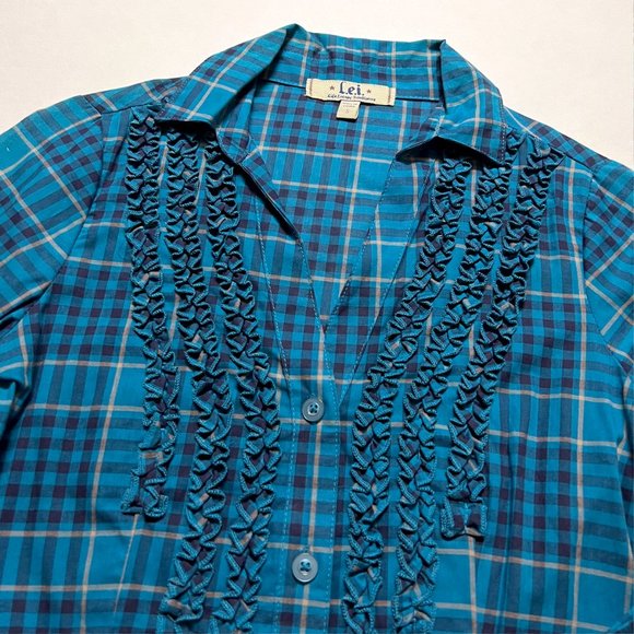 L.e.i. Blue Button Down Ruffle Plaid Top (S) - Picture 7 of 8